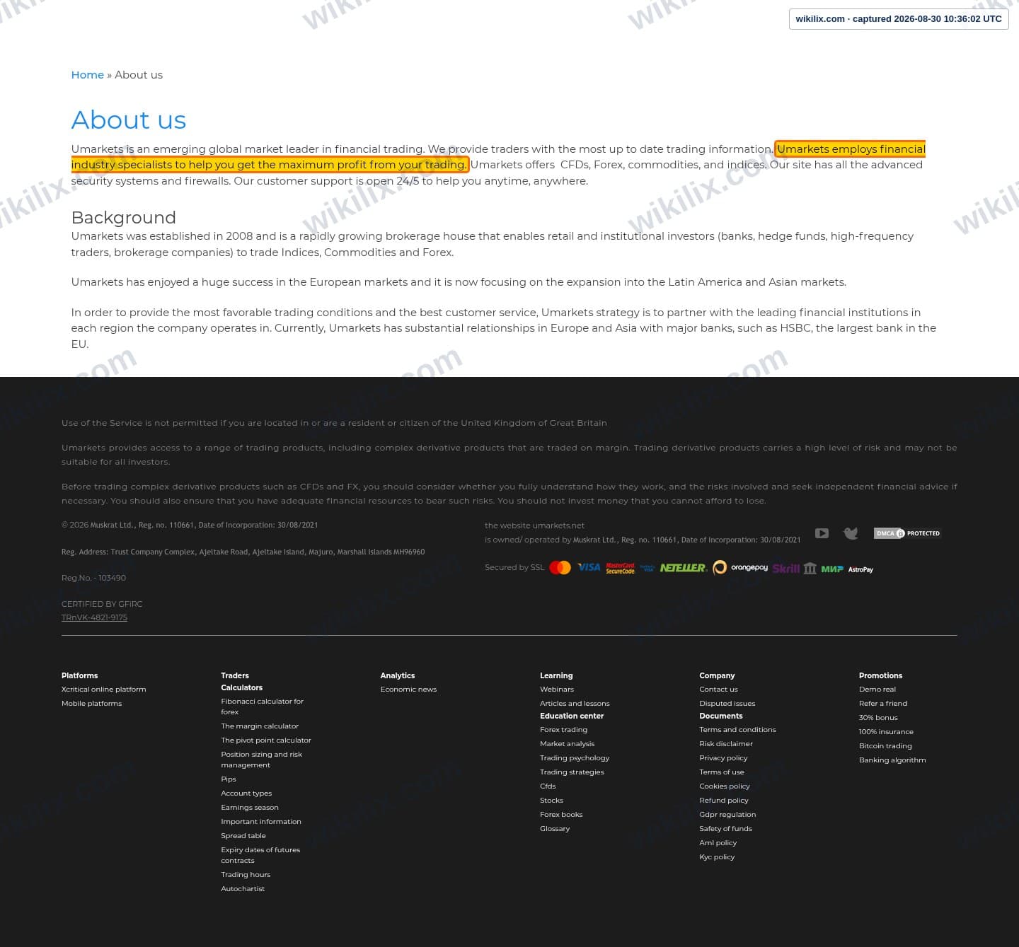 Our full page screenshot of the page that makes this promise, on umarkets's site umarkets.net, taken on Aug 30, 2026. The quoted words are marked in the image.