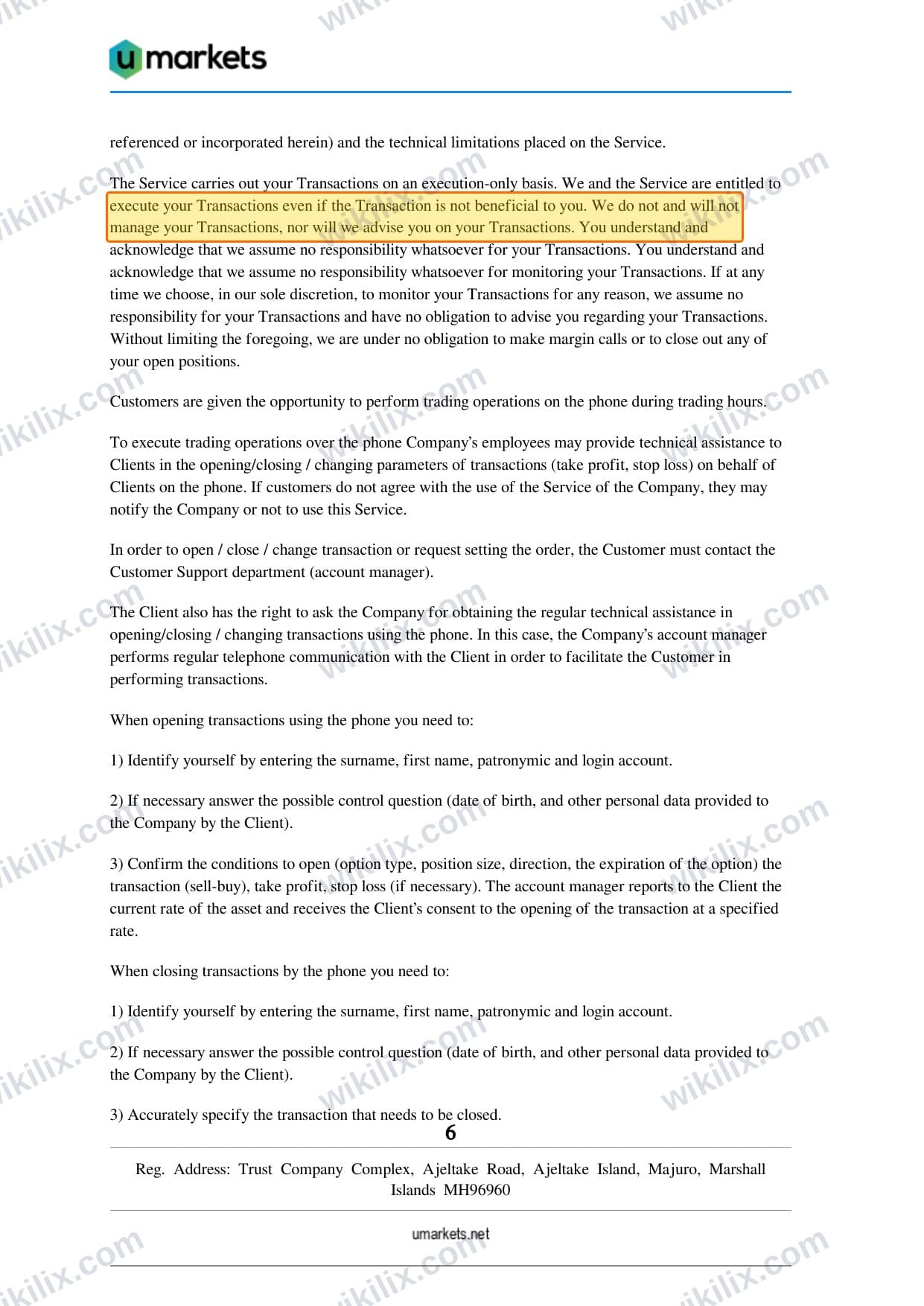 Our full page screenshot of the page this clause sits on, on umarkets's site umarkets.net, taken on Aug 30, 2026. The quoted words are marked in the image.
