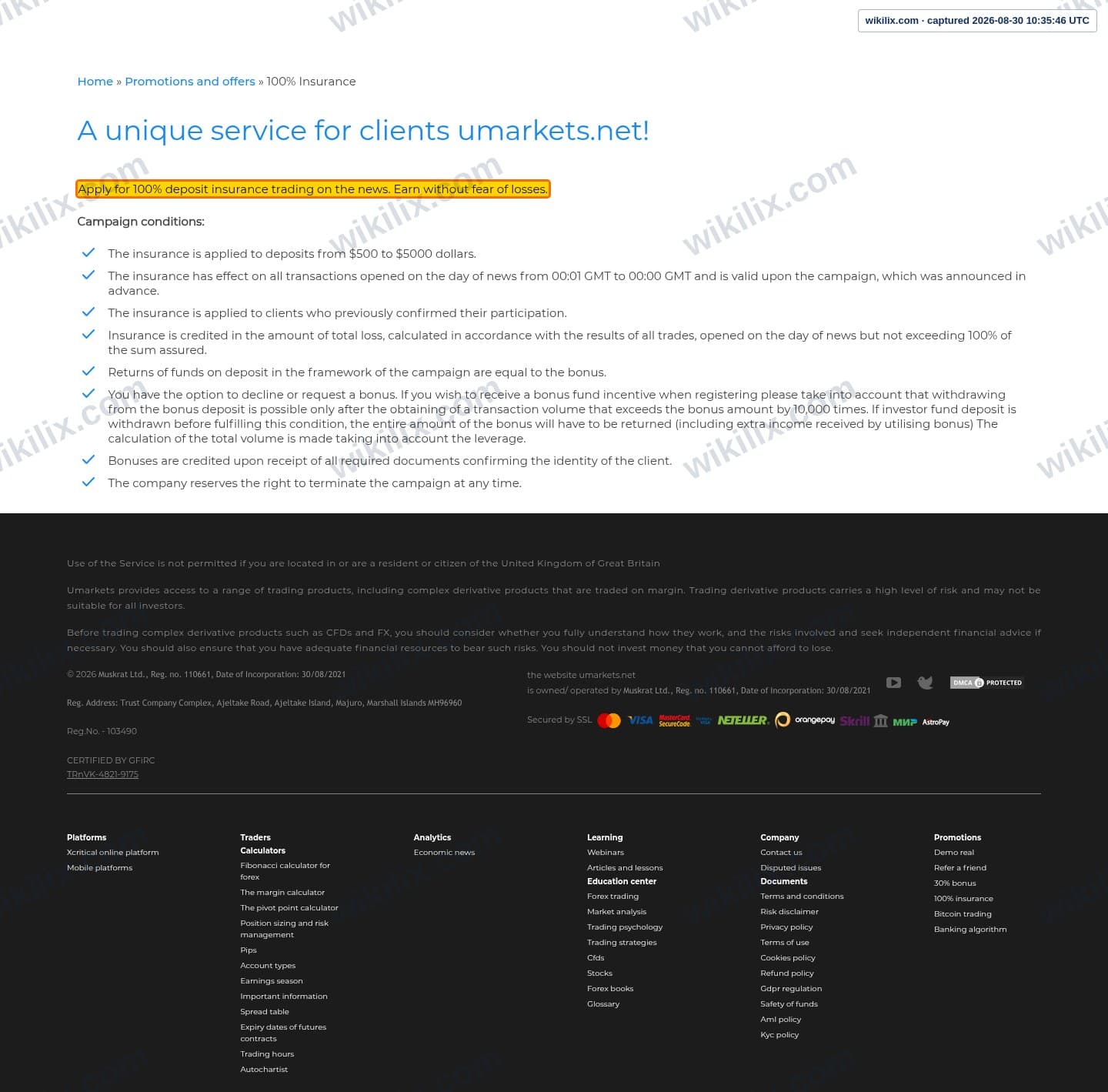 Our full page screenshot of the page that makes this promise, on umarkets's site umarkets.net, taken on Aug 30, 2026. The quoted words are marked in the image.