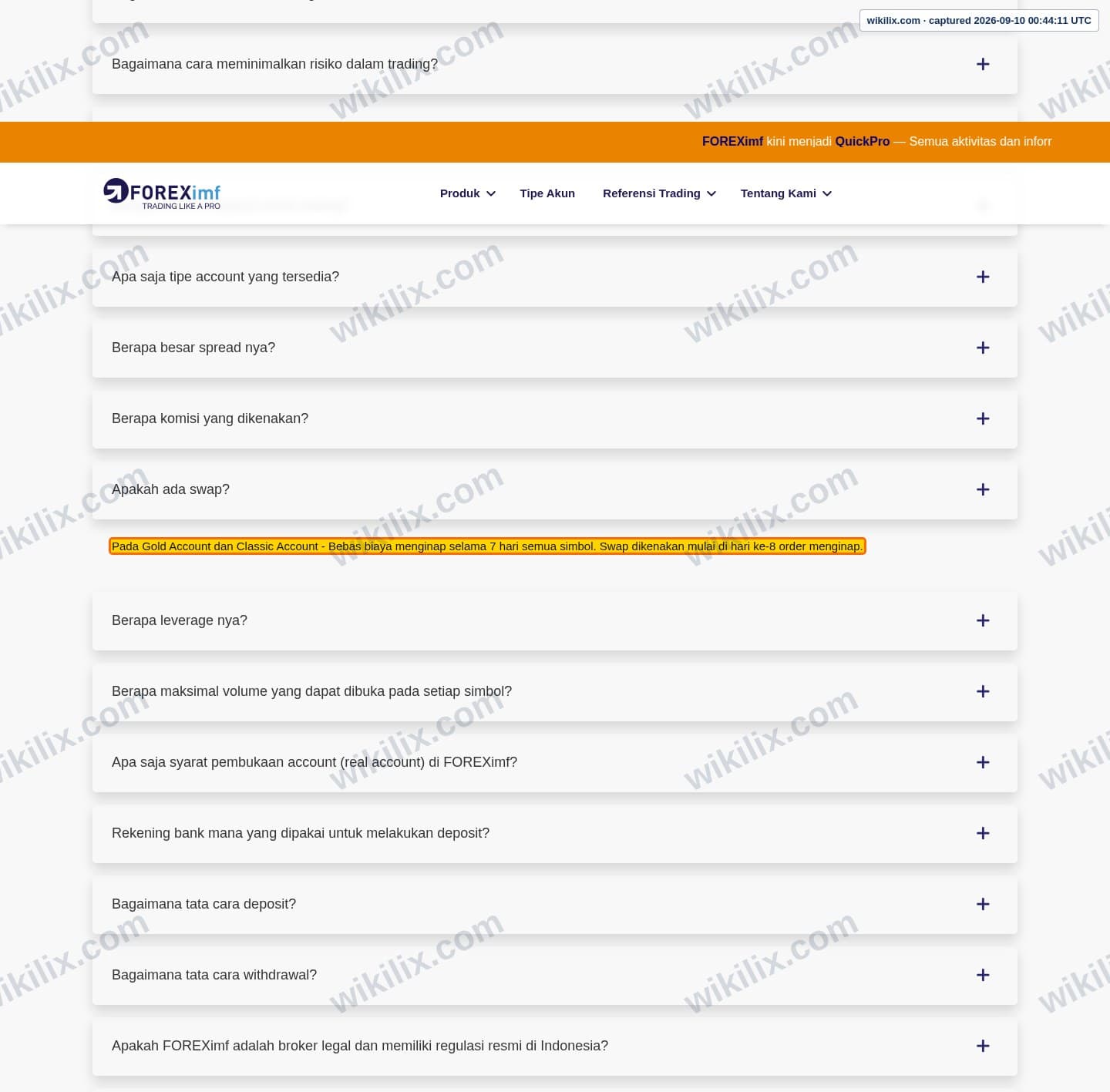 Our full page screenshot of the page this clause sits on, on FOREXimf's site foreximf.com, taken on Sep 10, 2026. The quoted words are marked in the image.