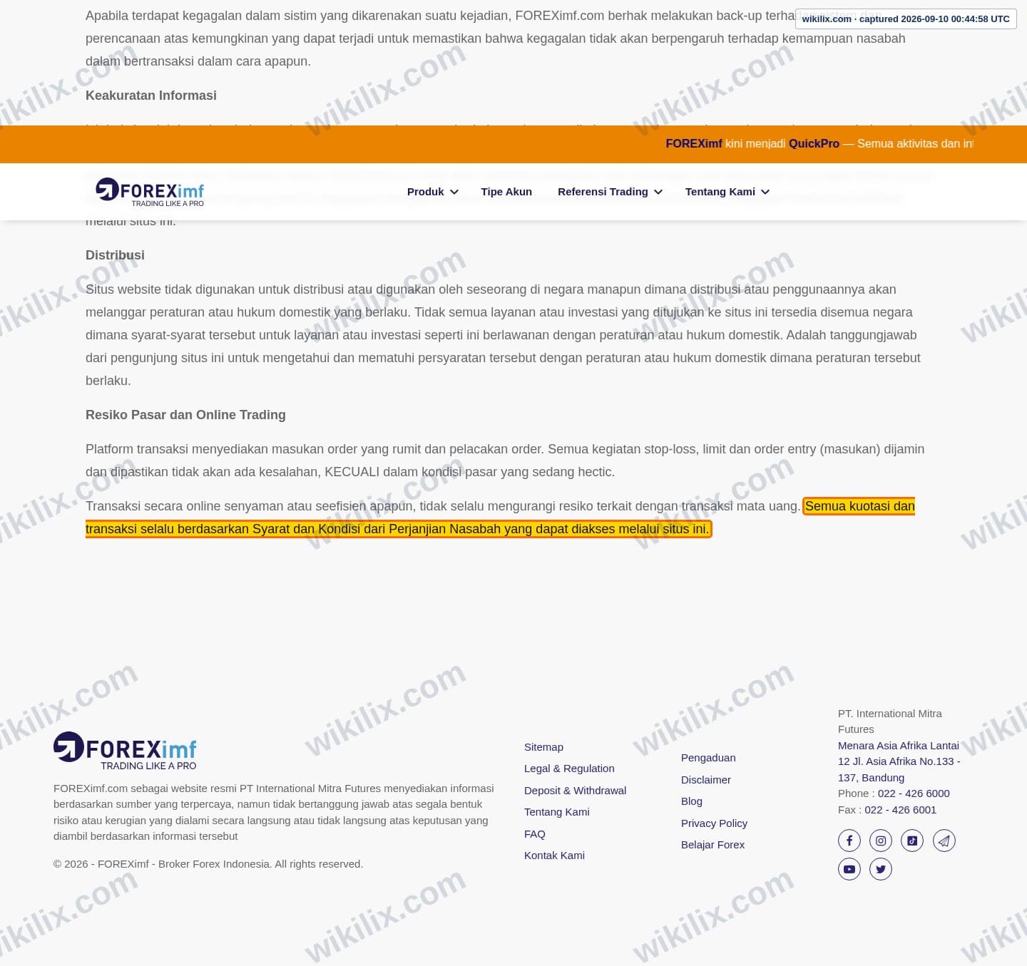 Our full page screenshot of the page this clause sits on, on FOREXimf's site foreximf.com, taken on Sep 10, 2026. The quoted words are marked in the image.