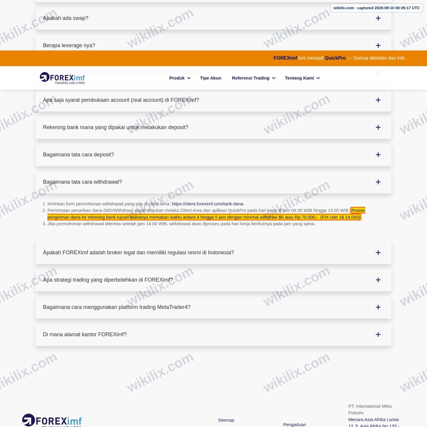 Our full page screenshot of the page this clause sits on, on FOREXimf's site foreximf.com, taken on Sep 10, 2026. The quoted words are marked in the image.