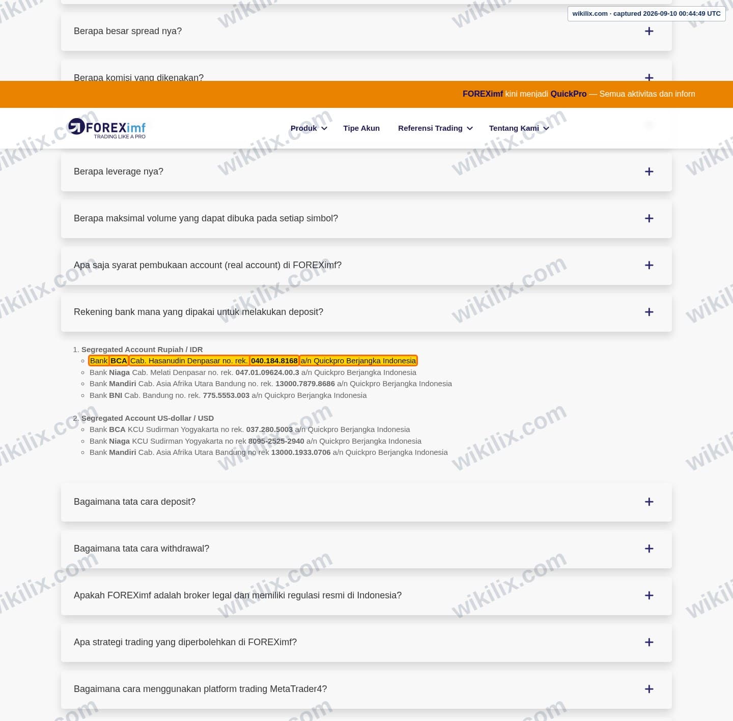 Our full page screenshot of the page this clause sits on, on FOREXimf's site foreximf.com, taken on Sep 10, 2026. The quoted words are marked in the image.