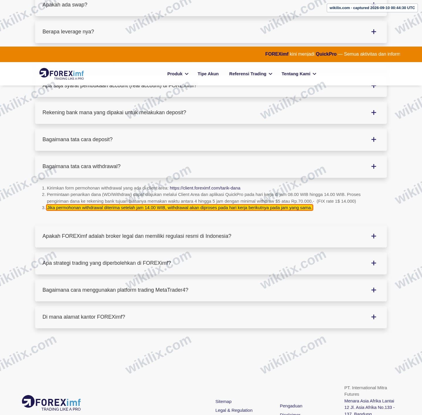 Our full page screenshot of the page this clause sits on, on FOREXimf's site foreximf.com, taken on Sep 10, 2026. The quoted words are marked in the image.