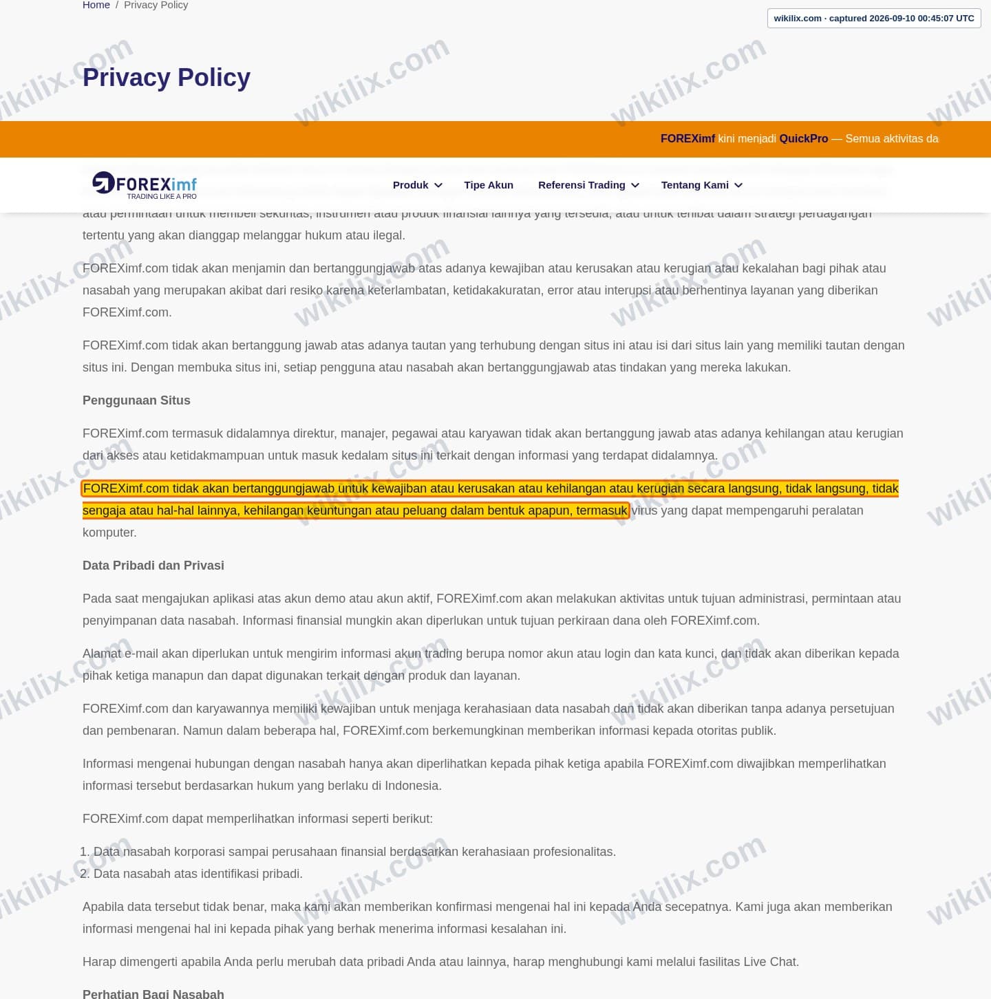 Our full page screenshot of the page this clause sits on, on FOREXimf's site foreximf.com, taken on Sep 10, 2026. The quoted words are marked in the image.