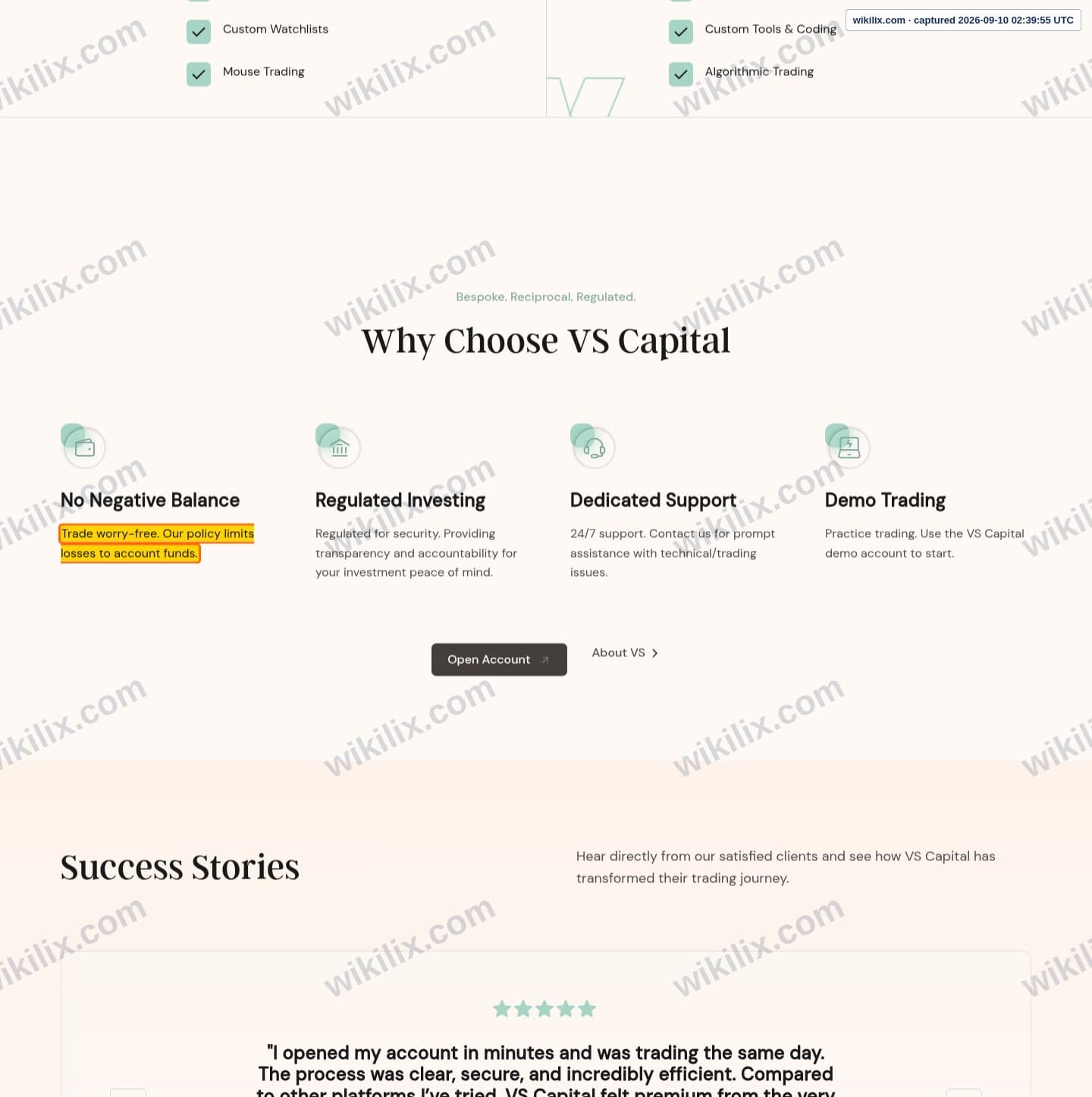 Our full page screenshot of the page that makes this promise, on VSCapital's site vscapital.com, taken on Sep 10, 2026. The quoted words are marked in the image.