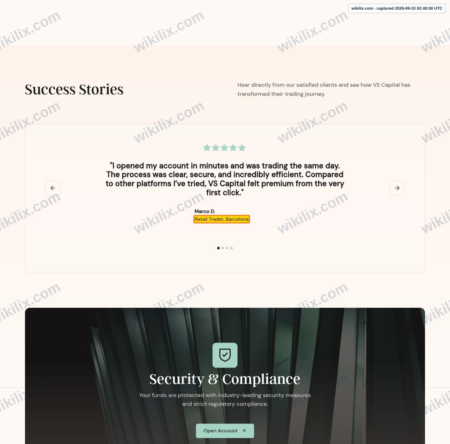 Our full page screenshot of the page that makes this promise, on VSCapital's site vscapital.com, taken on Sep 10, 2026. The quoted words are marked in the image.