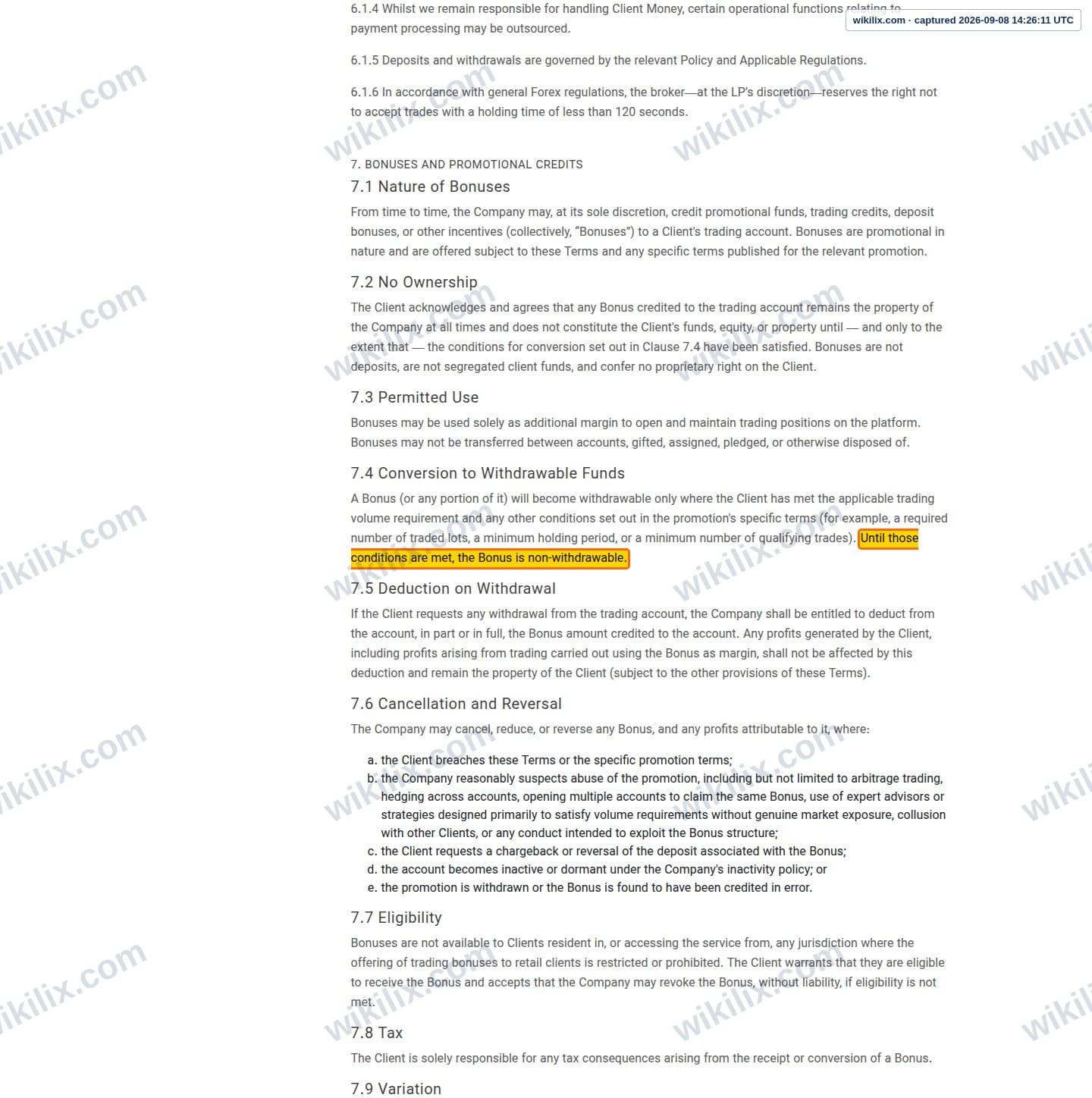 Our full page screenshot of the page this clause sits on, on STP Trading's site stptrading.io, taken on Sep 8, 2026. The quoted words are marked in the image.
