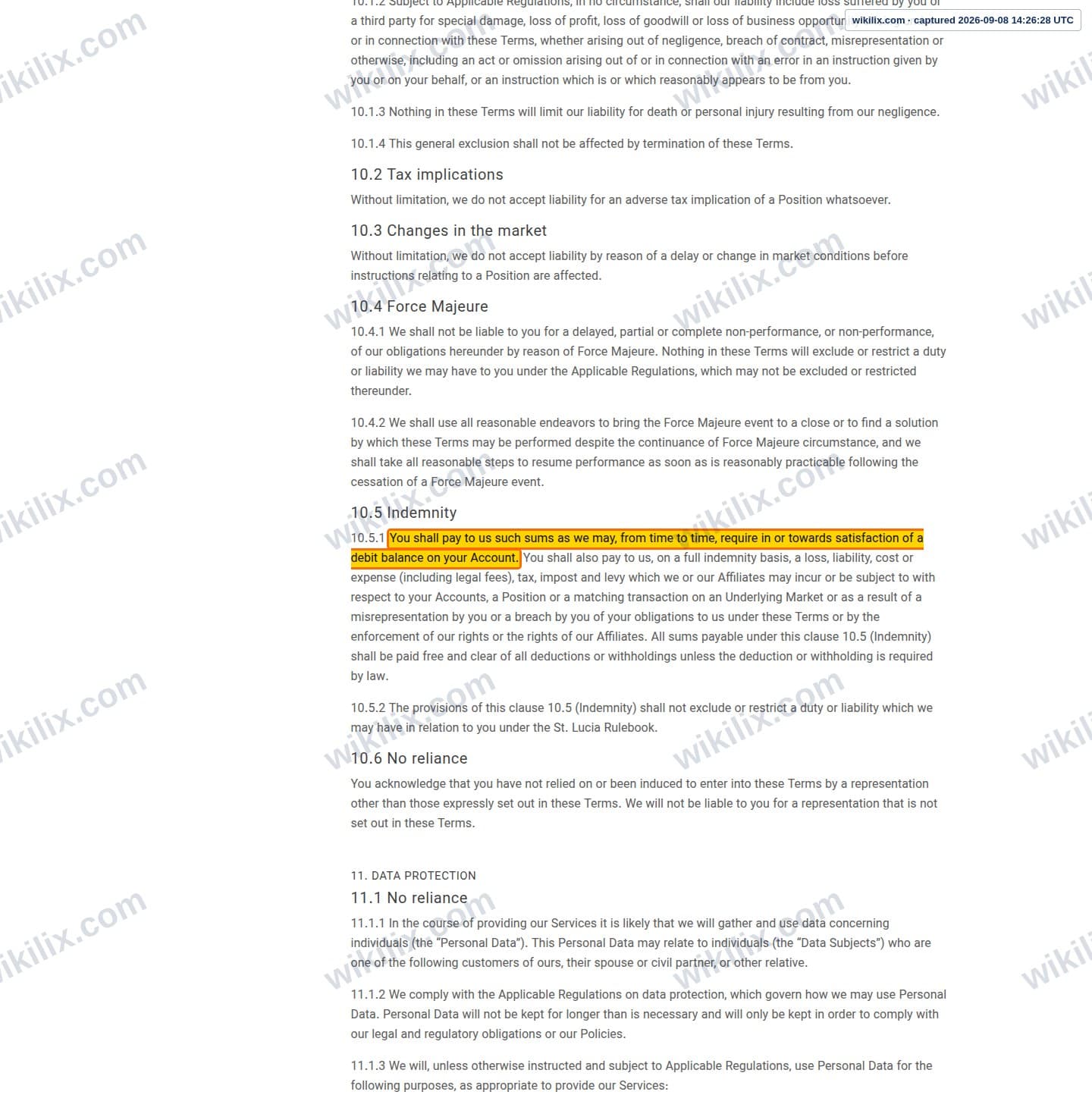 Our full page screenshot of the page this clause sits on, on STP Trading's site stptrading.io, taken on Sep 8, 2026. The quoted words are marked in the image.