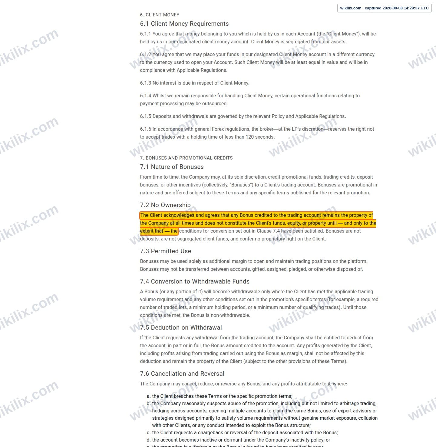 Our full page screenshot of the page this clause sits on, on STP Trading's site stptrading.io, taken on Sep 8, 2026. The quoted words are marked in the image.