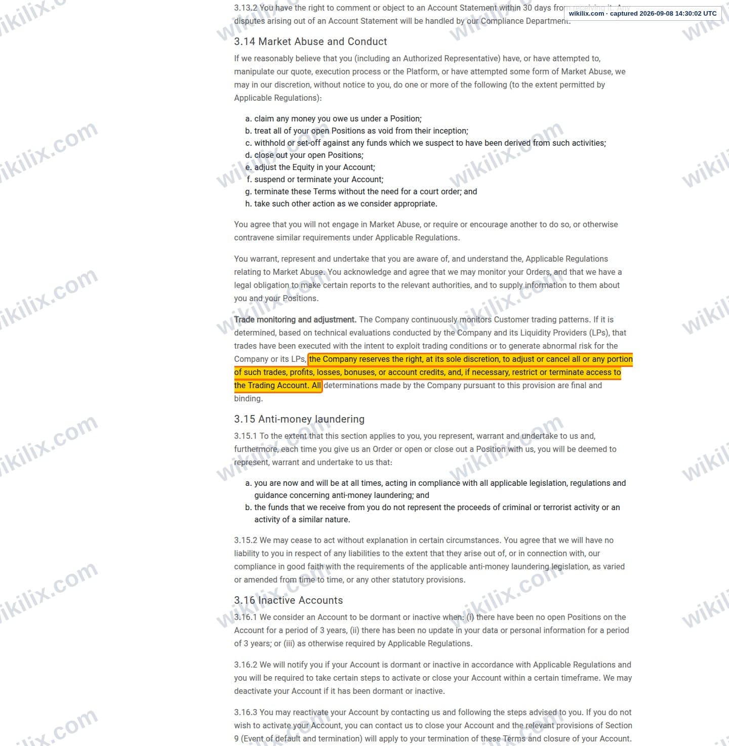 Our full page screenshot of the page this clause sits on, on STP Trading's site stptrading.io, taken on Sep 8, 2026. The quoted words are marked in the image.