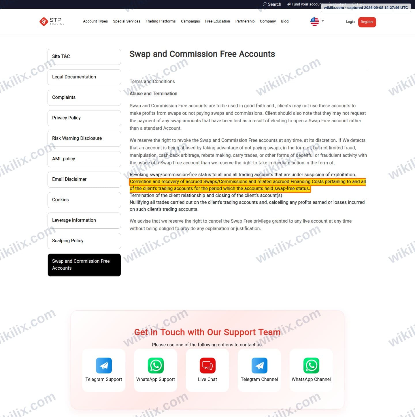 Our full page screenshot of the page this clause sits on, on STP Trading's site stptrading.io, taken on Sep 8, 2026. The quoted words are marked in the image.