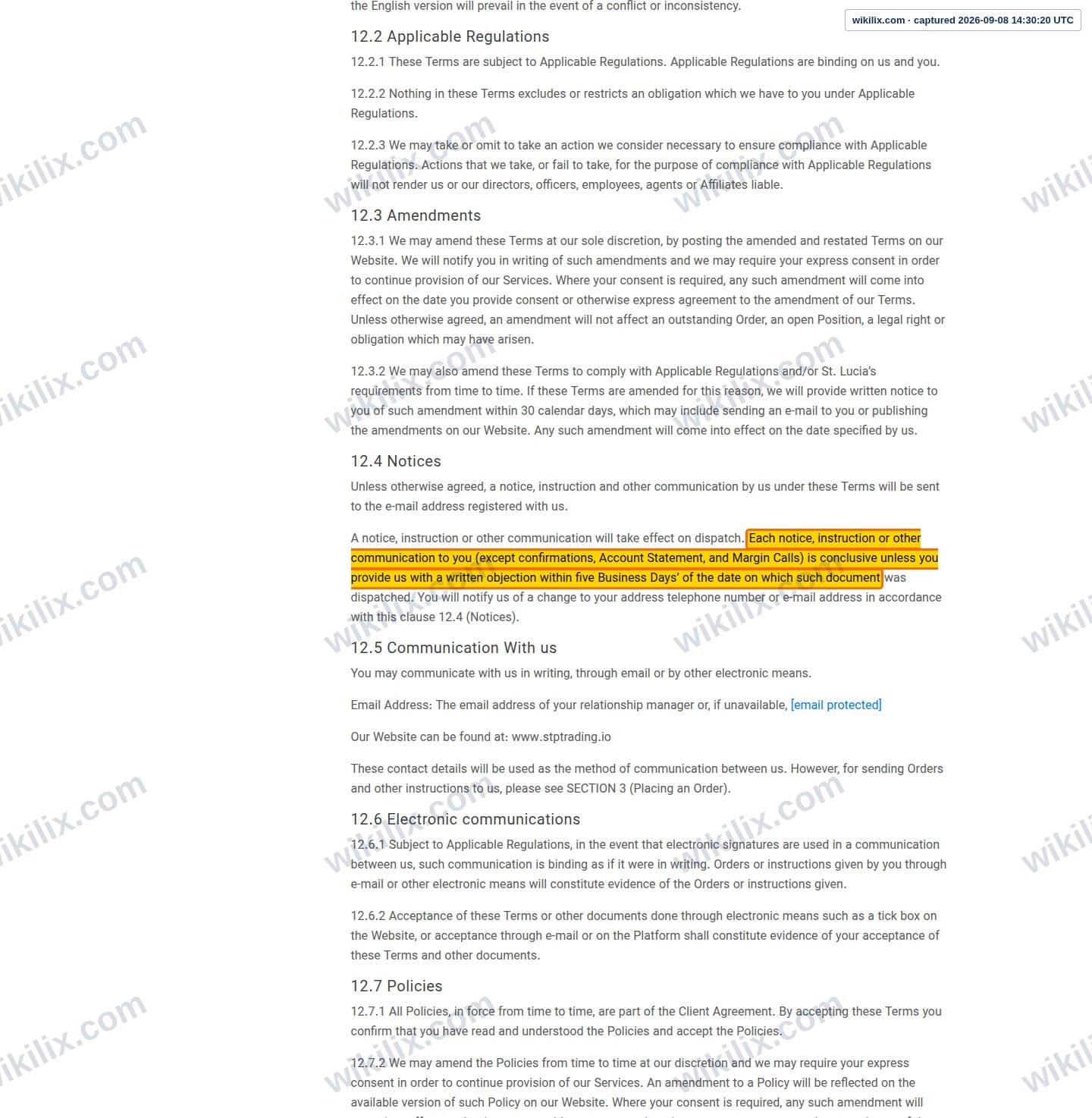 Our full page screenshot of the page this clause sits on, on STP Trading's site stptrading.io, taken on Sep 8, 2026. The quoted words are marked in the image.