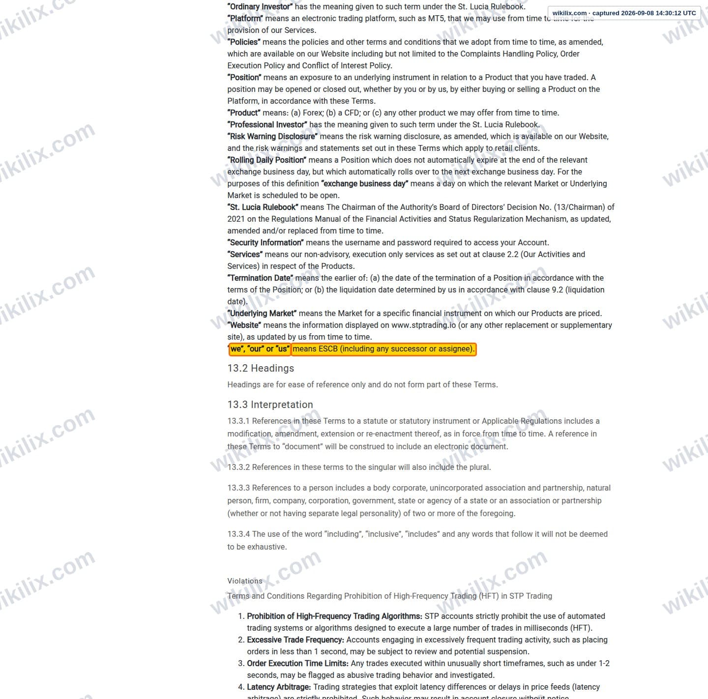 Our full page screenshot of the page this clause sits on, on STP Trading's site stptrading.io, taken on Sep 8, 2026. The quoted words are marked in the image.