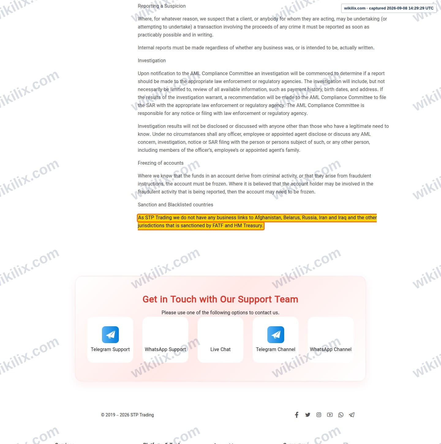 Our full page screenshot of the page this clause sits on, on STP Trading's site stptrading.io, taken on Sep 8, 2026. The quoted words are marked in the image.