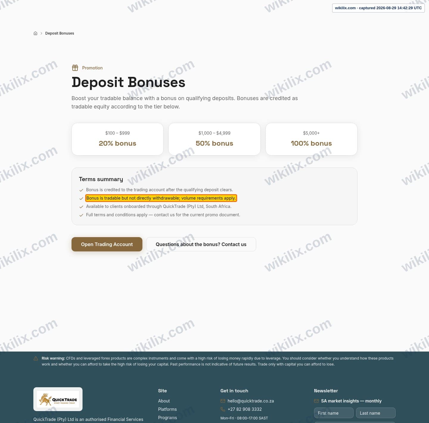 Our full page screenshot of the page that makes this promise, on QuickTrade's site quicktrade.co.za, taken on Aug 29, 2026. The quoted words are marked in the image.