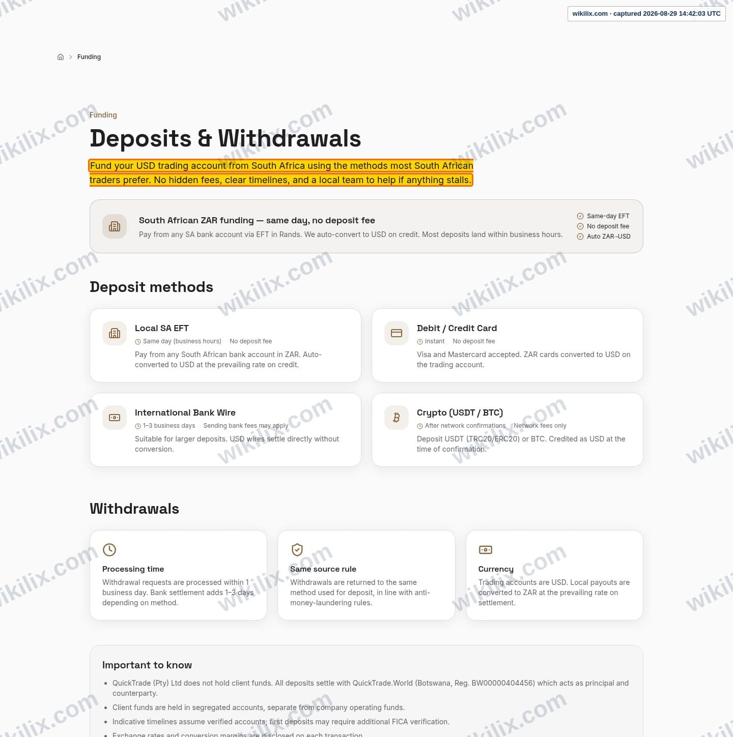 Our full page screenshot of the page that makes this promise, on QuickTrade's site quicktrade.co.za, taken on Aug 29, 2026. The quoted words are marked in the image.