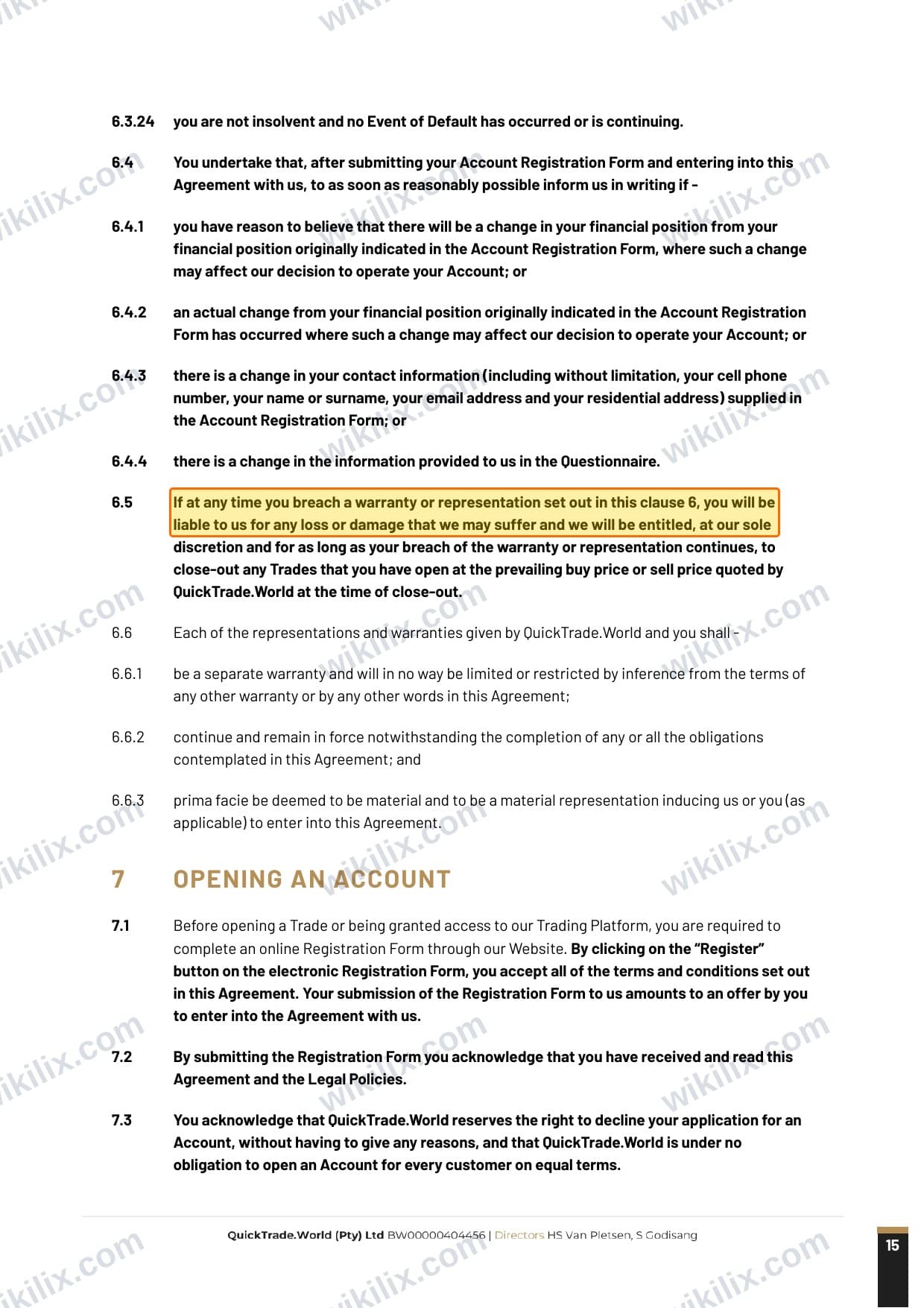 Our full page screenshot of the page this clause sits on, on QuickTrade's site vjfnyzdclzeqwvetqkru.supabase.co, taken on Aug 29, 2026. The quoted words are marked in the image.