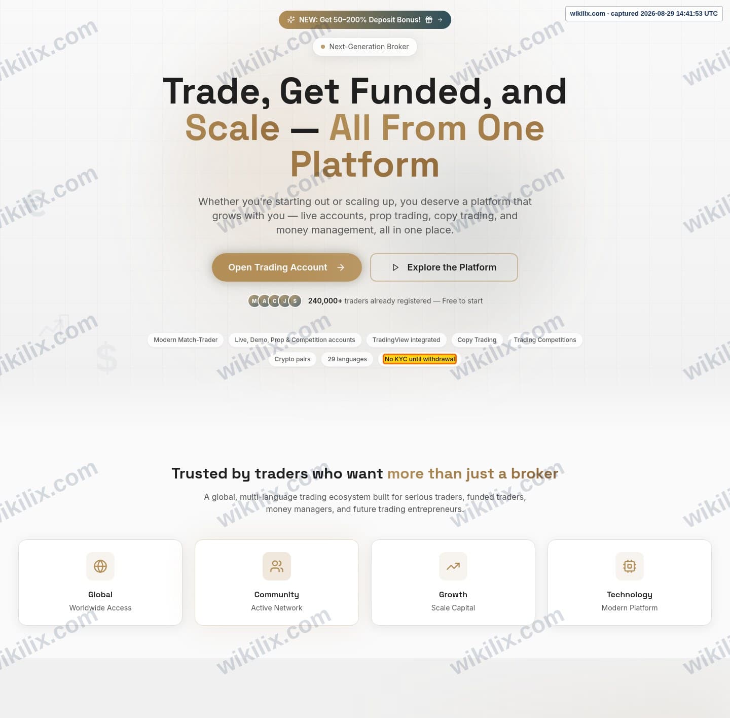 Our full page screenshot of the page that makes this promise, on QuickTrade's site quicktrade.world, taken on Aug 29, 2026. The quoted words are marked in the image.
