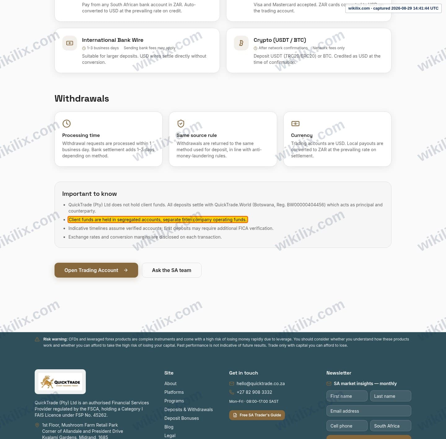 Our full page screenshot of the page that makes this promise, on QuickTrade's site quicktrade.co.za, taken on Aug 29, 2026. The quoted words are marked in the image.