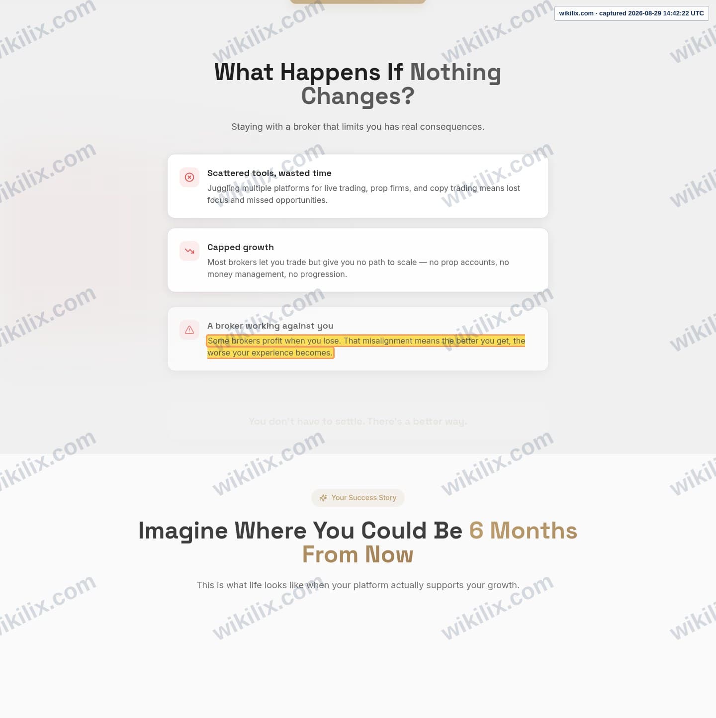 Our full page screenshot of the page that makes this promise, on QuickTrade's site quicktrade.world, taken on Aug 29, 2026. The quoted words are marked in the image.