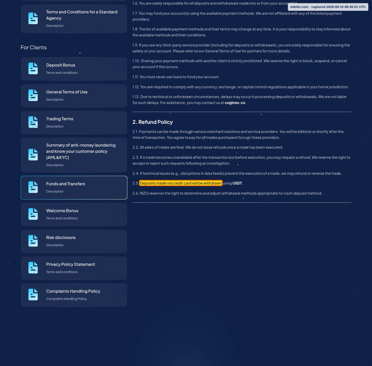 Our full page screenshot of the page this clause sits on, on INZO's site inzo.co, taken on Sep 10, 2026. The quoted words are marked in the image.