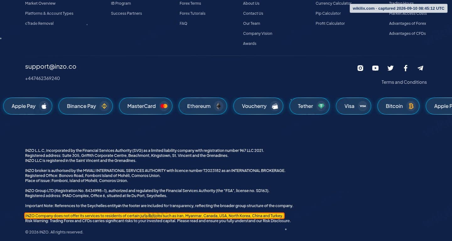 Our full page screenshot of the page this clause sits on, on INZO's site inzo.co, taken on Sep 10, 2026. The quoted words are marked in the image.