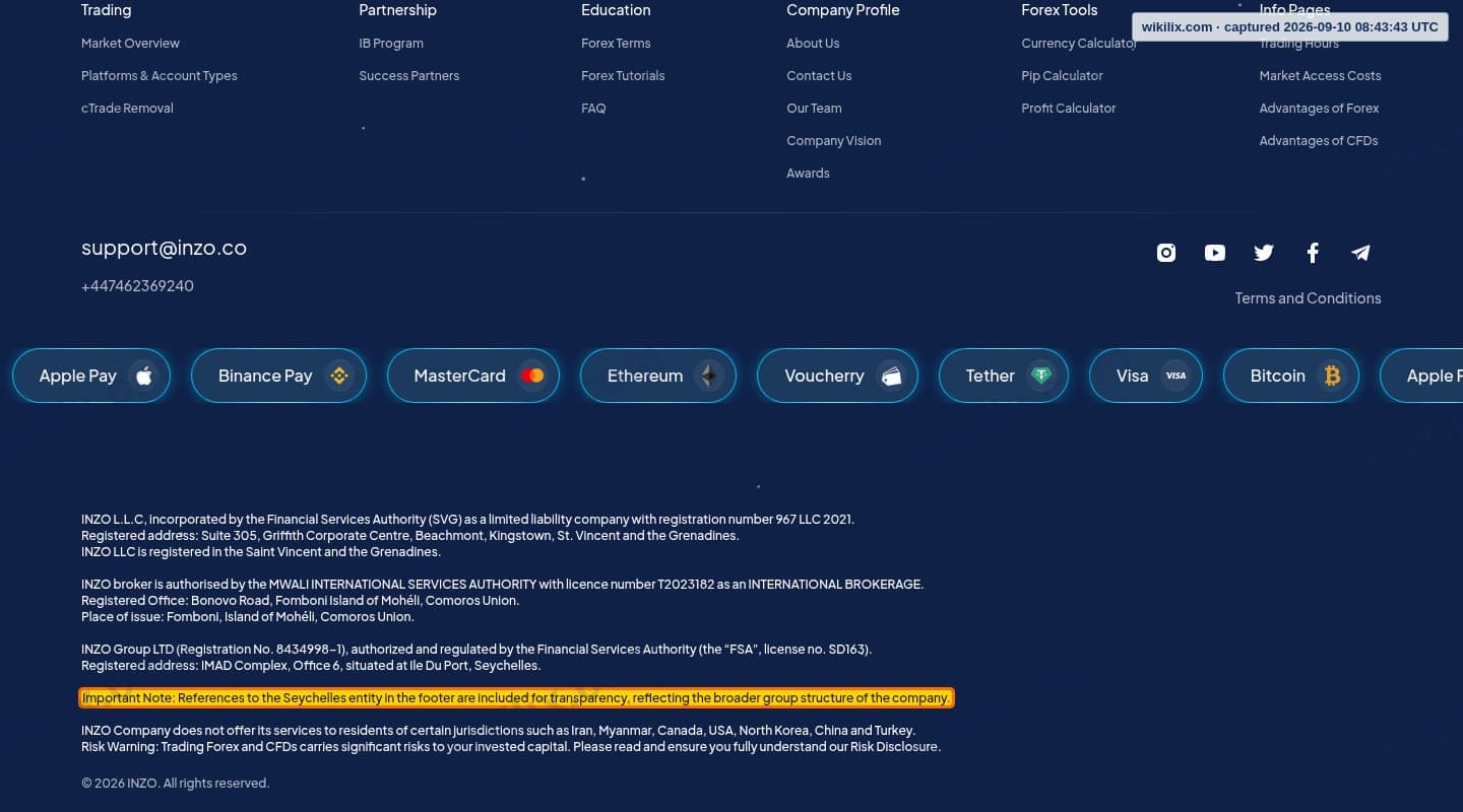 Our full page screenshot of the page this clause sits on, on INZO's site inzo.co, taken on Sep 10, 2026. The quoted words are marked in the image.