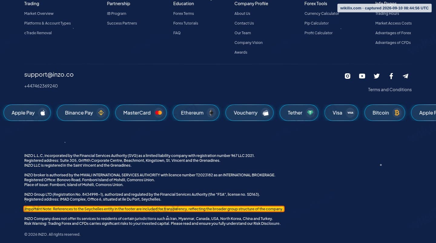 Our full page screenshot of the page this clause sits on, on INZO's site inzo.co, taken on Sep 10, 2026. The quoted words are marked in the image.