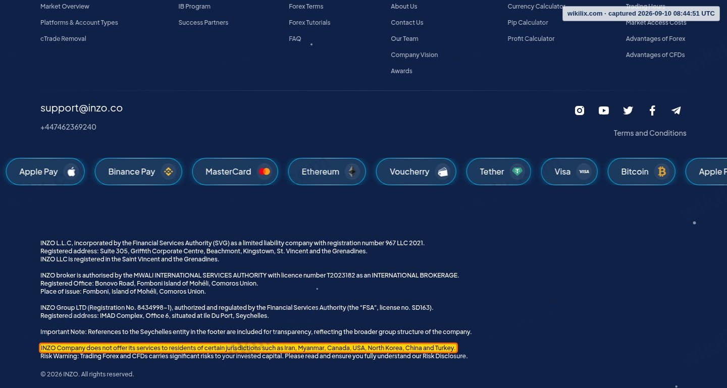 Our full page screenshot of the page this clause sits on, on INZO's site inzo.co, taken on Sep 10, 2026. The quoted words are marked in the image.