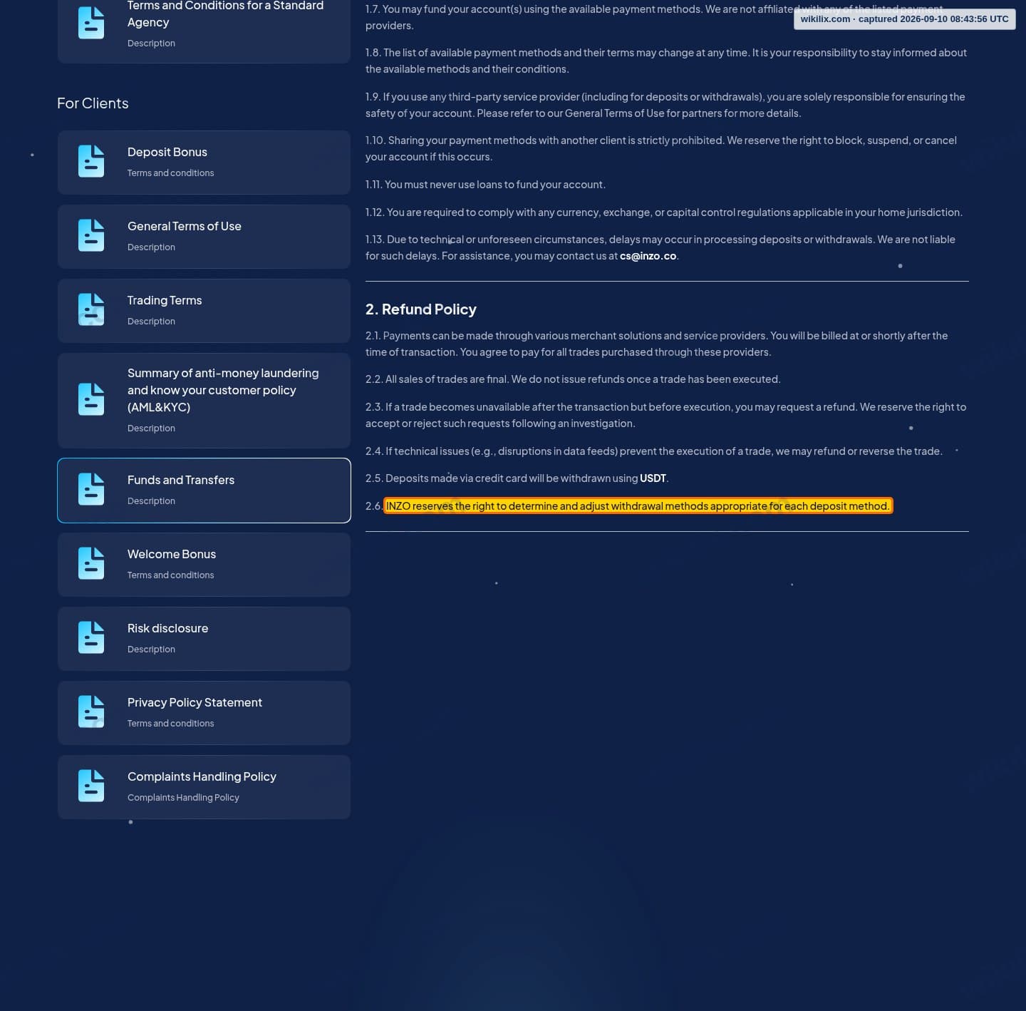 Our full page screenshot of the page this clause sits on, on INZO's site inzo.co, taken on Sep 10, 2026. The quoted words are marked in the image.