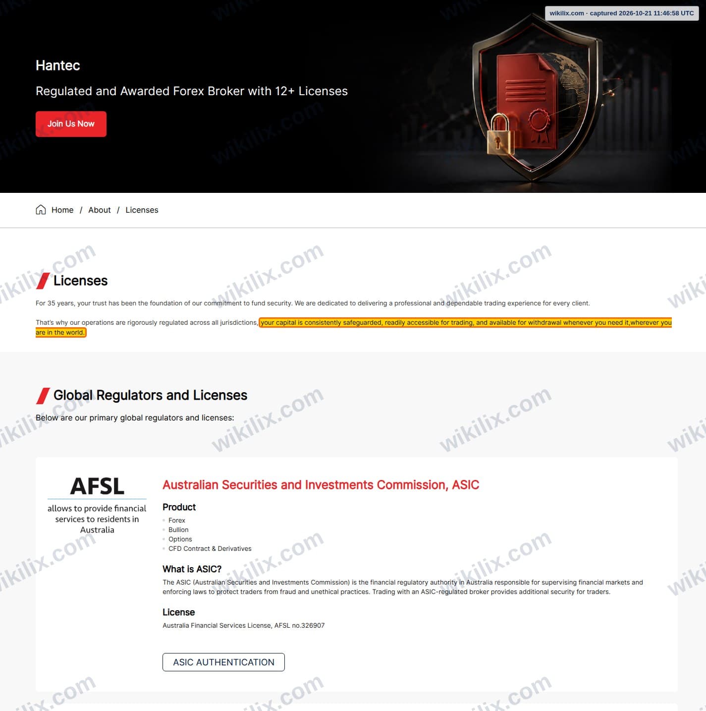Our full page screenshot of the page that makes this promise, on HANTEC FINANCIAL's site hantec.com, taken on Oct 21, 2026. The quoted words are marked in the image.