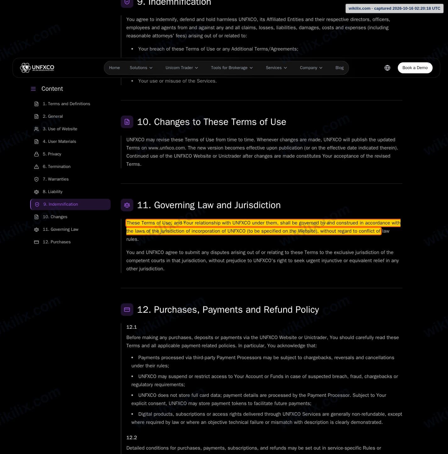 Our full page screenshot of the page this clause sits on, on UNICORN's site unicornbrokers.com, taken on Oct 16, 2026. The quoted words are marked in the image.
