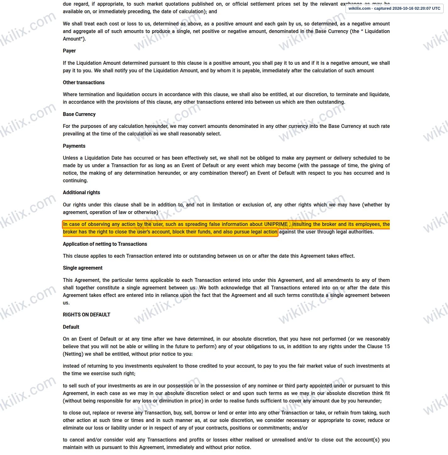 Our full page screenshot of the page this clause sits on, on UNICORN's site unfxb.com, taken on Oct 16, 2026. The quoted words are marked in the image.