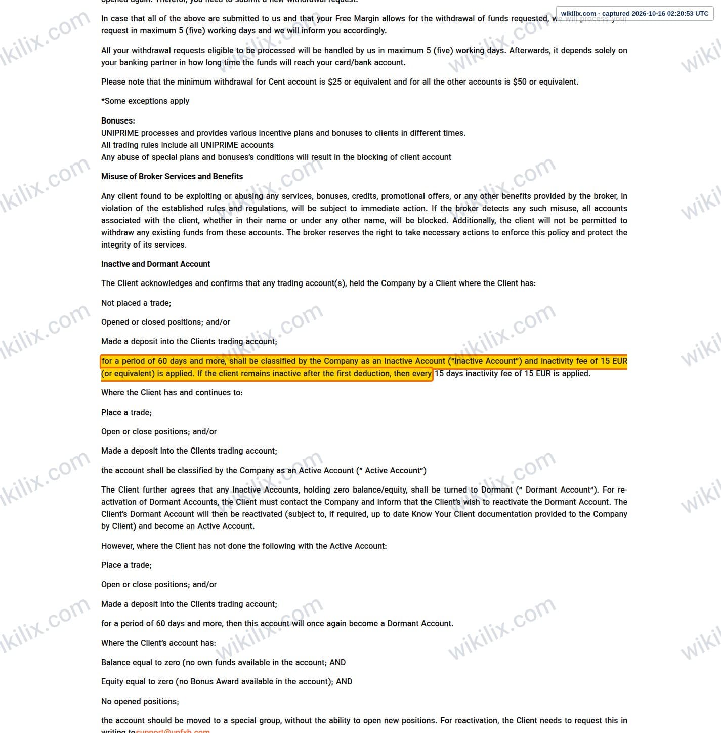 Our full page screenshot of the page this clause sits on, on UNICORN's site unfxb.com, taken on Oct 16, 2026. The quoted words are marked in the image.