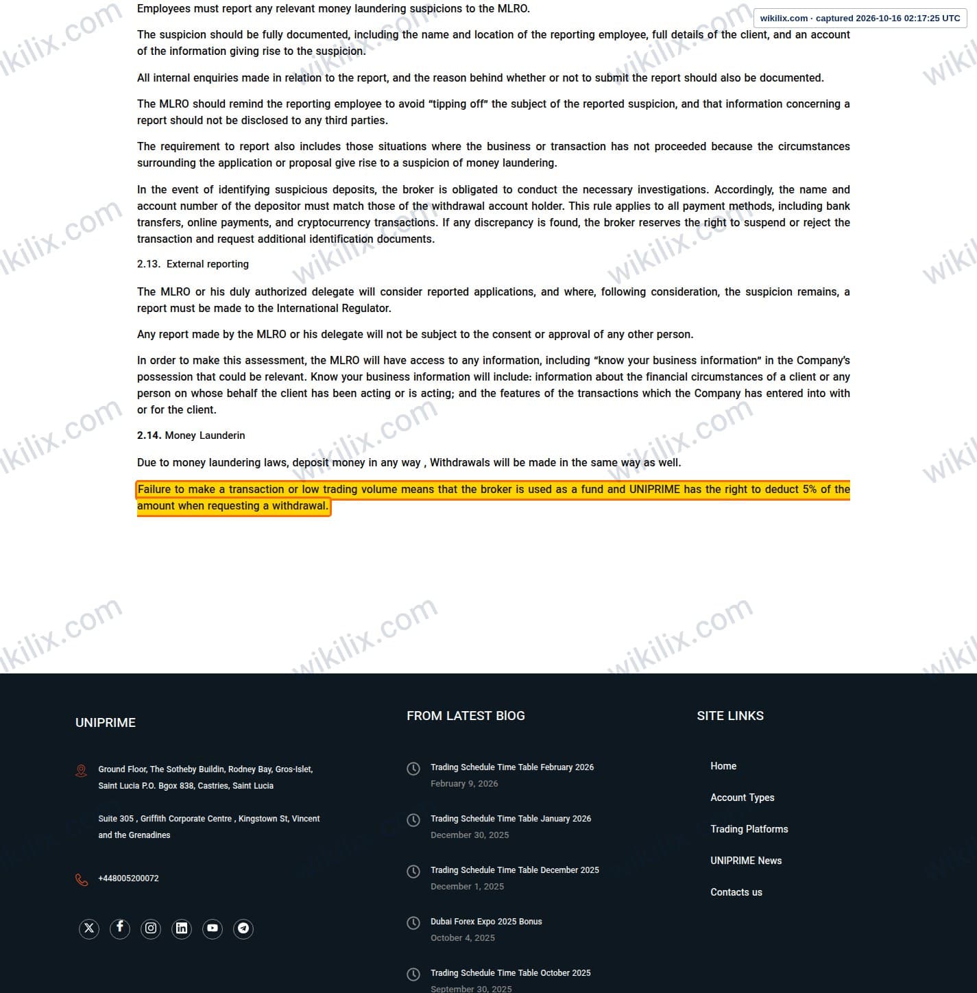 Our full page screenshot of the page this clause sits on, on UNICORN's site unfxb.com, taken on Oct 16, 2026. The quoted words are marked in the image.