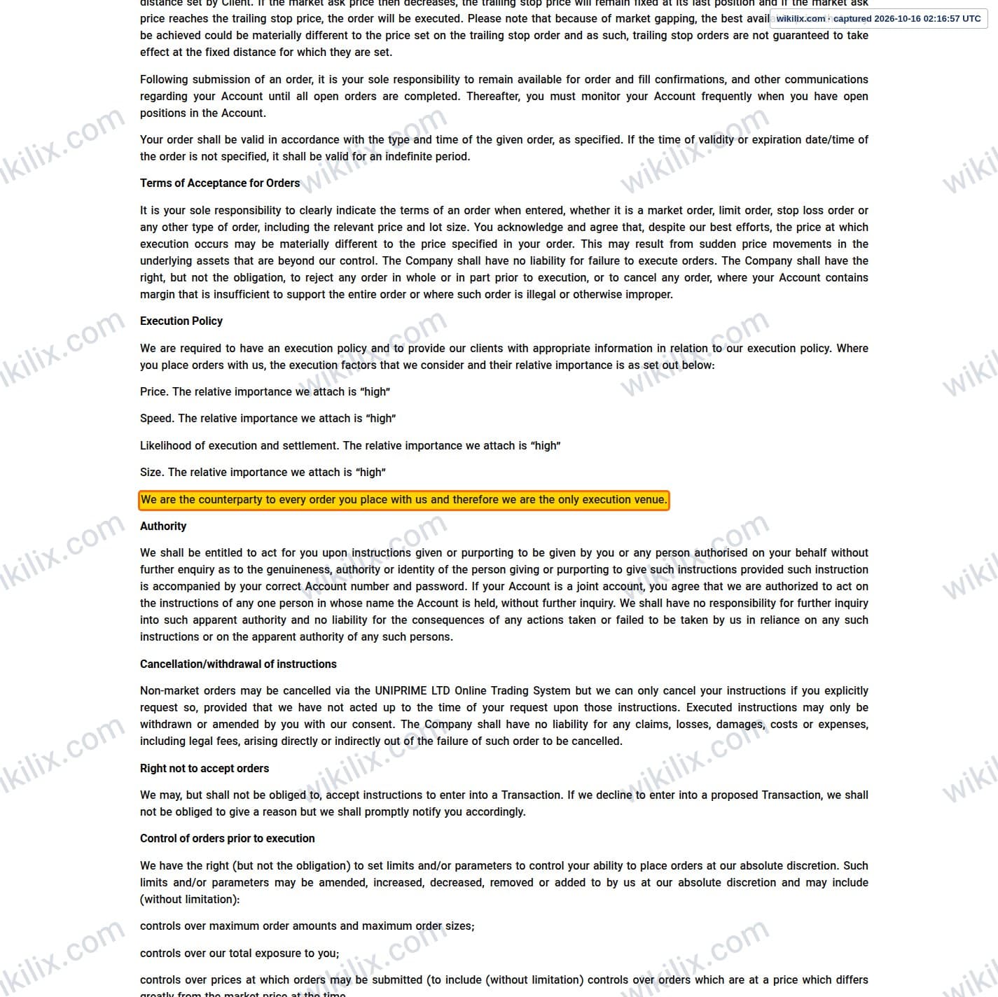 Our full page screenshot of the page this clause sits on, on UNICORN's site unfxb.com, taken on Oct 16, 2026. The quoted words are marked in the image.