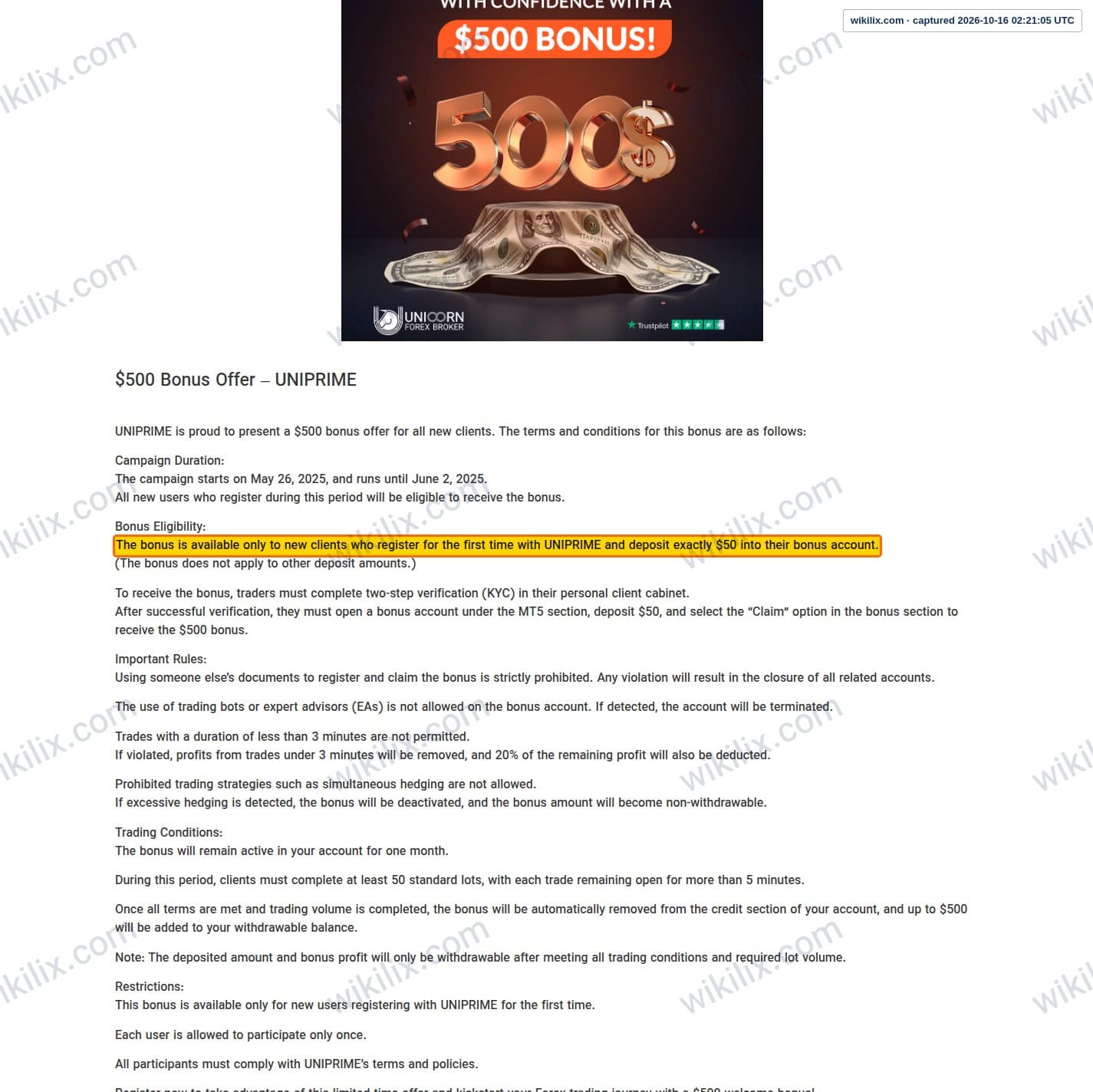 Our full page screenshot of the page this clause sits on, on UNICORN's site unfxb.com, taken on Oct 16, 2026. The quoted words are marked in the image.