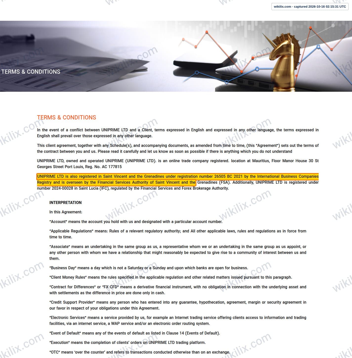 Our full page screenshot of the page this clause sits on, on UNICORN's site unfxb.com, taken on Oct 16, 2026. The quoted words are marked in the image.