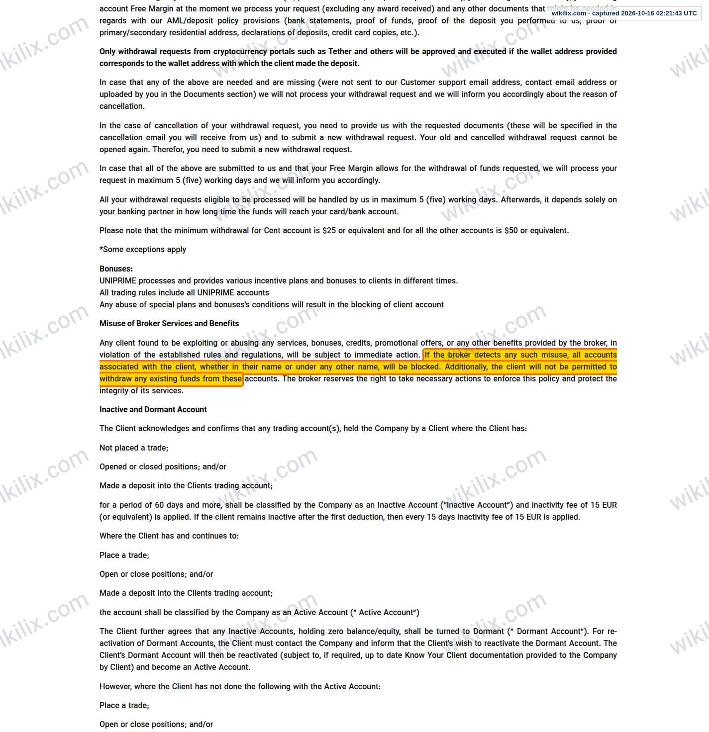 Our full page screenshot of the page this clause sits on, on UNICORN's site unfxb.com, taken on Oct 16, 2026. The quoted words are marked in the image.