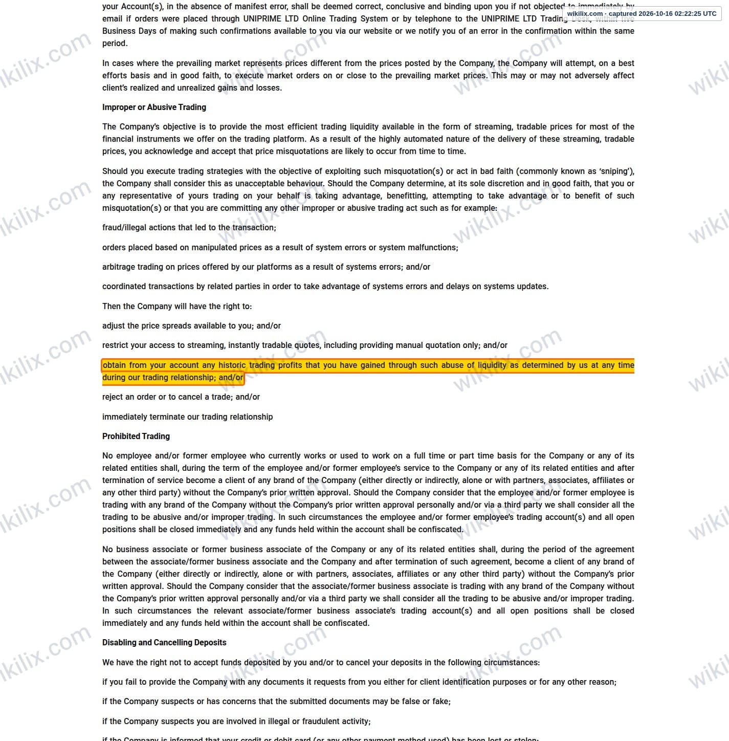 Our full page screenshot of the page this clause sits on, on UNICORN's site unfxb.com, taken on Oct 16, 2026. The quoted words are marked in the image.