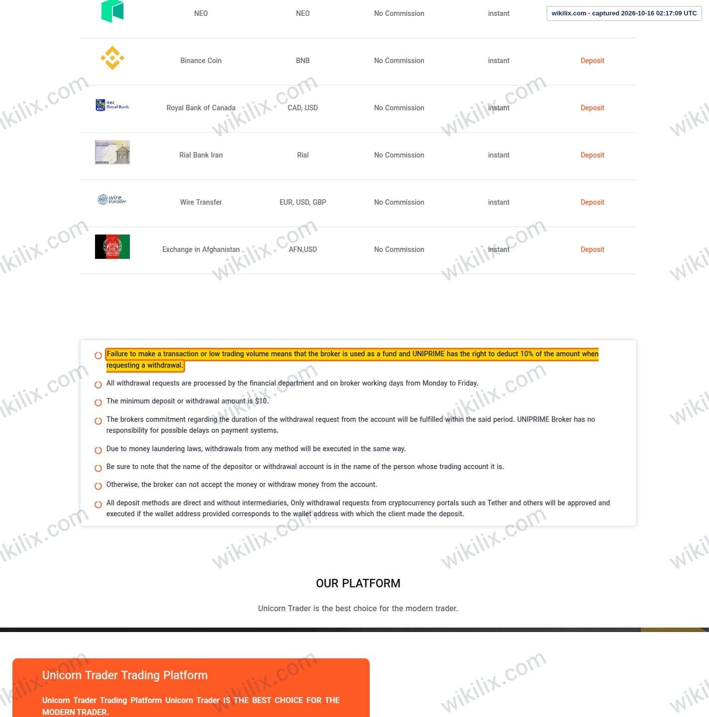 Our full page screenshot of the page that makes this promise, on UNICORN's site unfxb.com, taken on Oct 16, 2026. The quoted words are marked in the image.