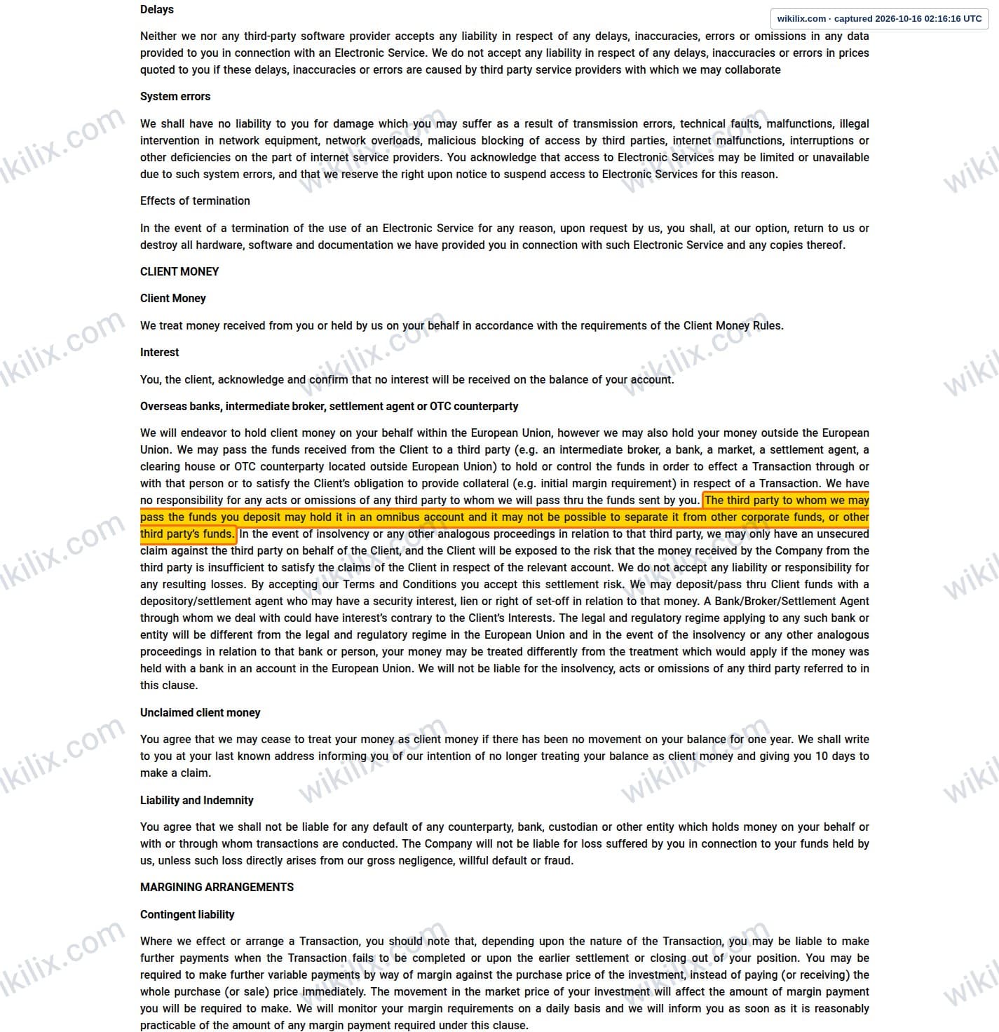 Our full page screenshot of the page this clause sits on, on UNICORN's site unfxb.com, taken on Oct 16, 2026. The quoted words are marked in the image.
