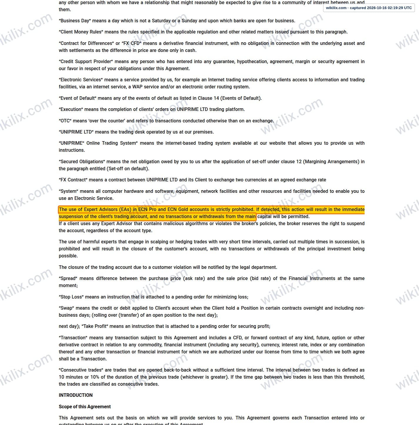Our full page screenshot of the page this clause sits on, on UNICORN's site unfxb.com, taken on Oct 16, 2026. The quoted words are marked in the image.