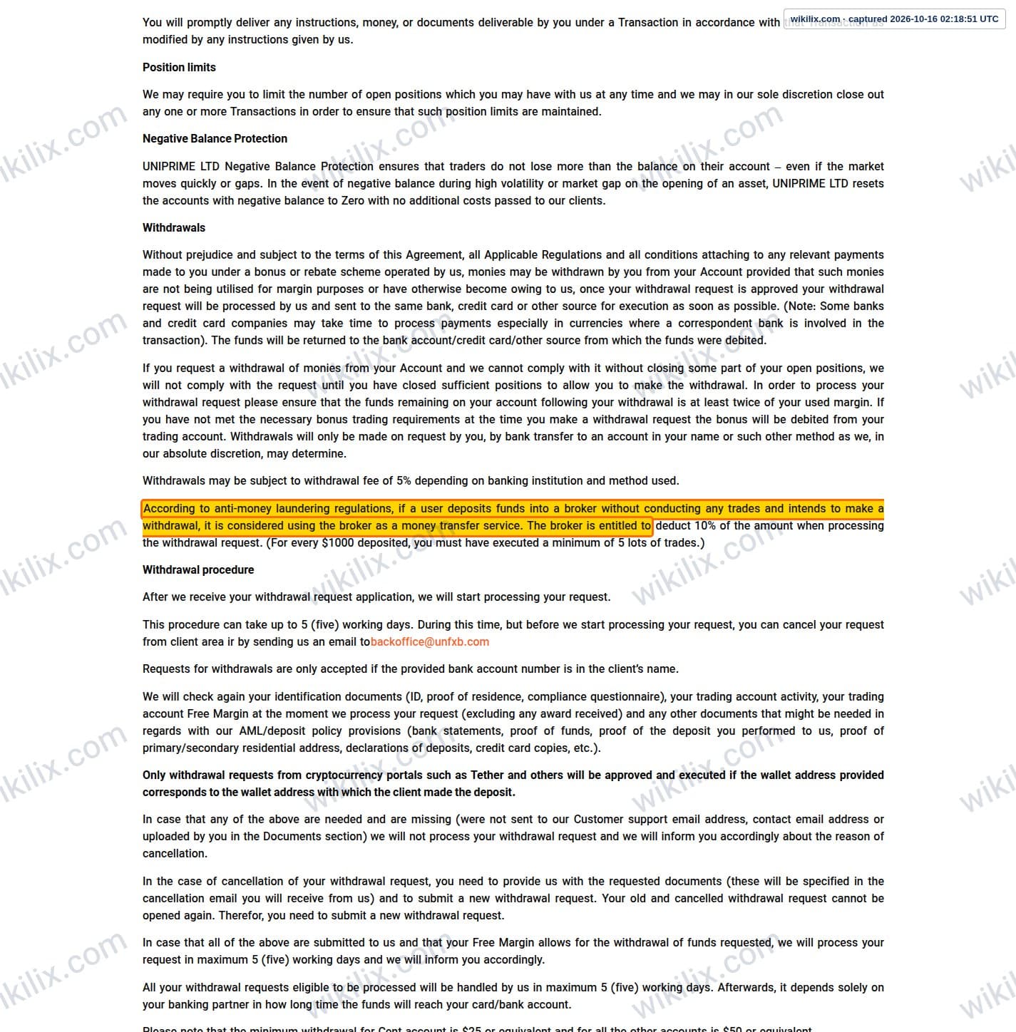 Our full page screenshot of the page this clause sits on, on UNICORN's site unfxb.com, taken on Oct 16, 2026. The quoted words are marked in the image.