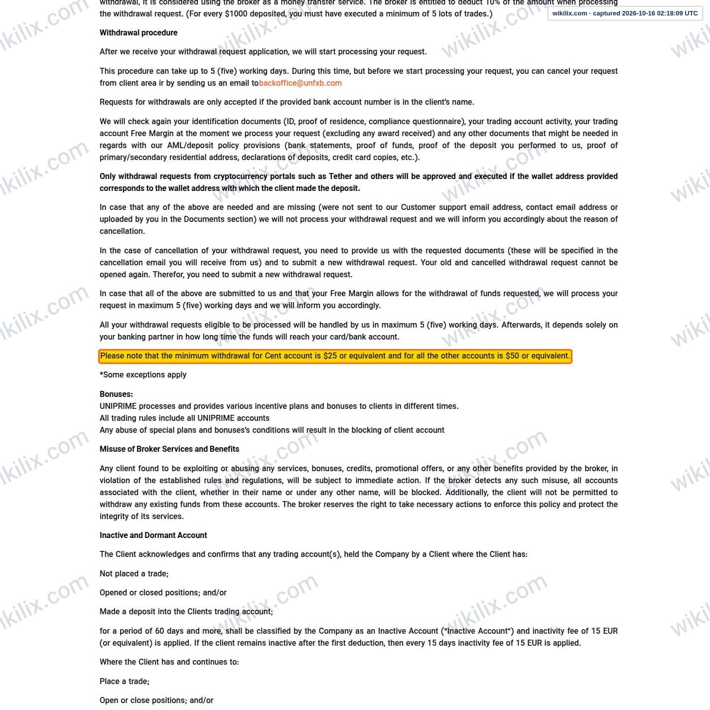 Our full page screenshot of the page this clause sits on, on UNICORN's site unfxb.com, taken on Oct 16, 2026. The quoted words are marked in the image.