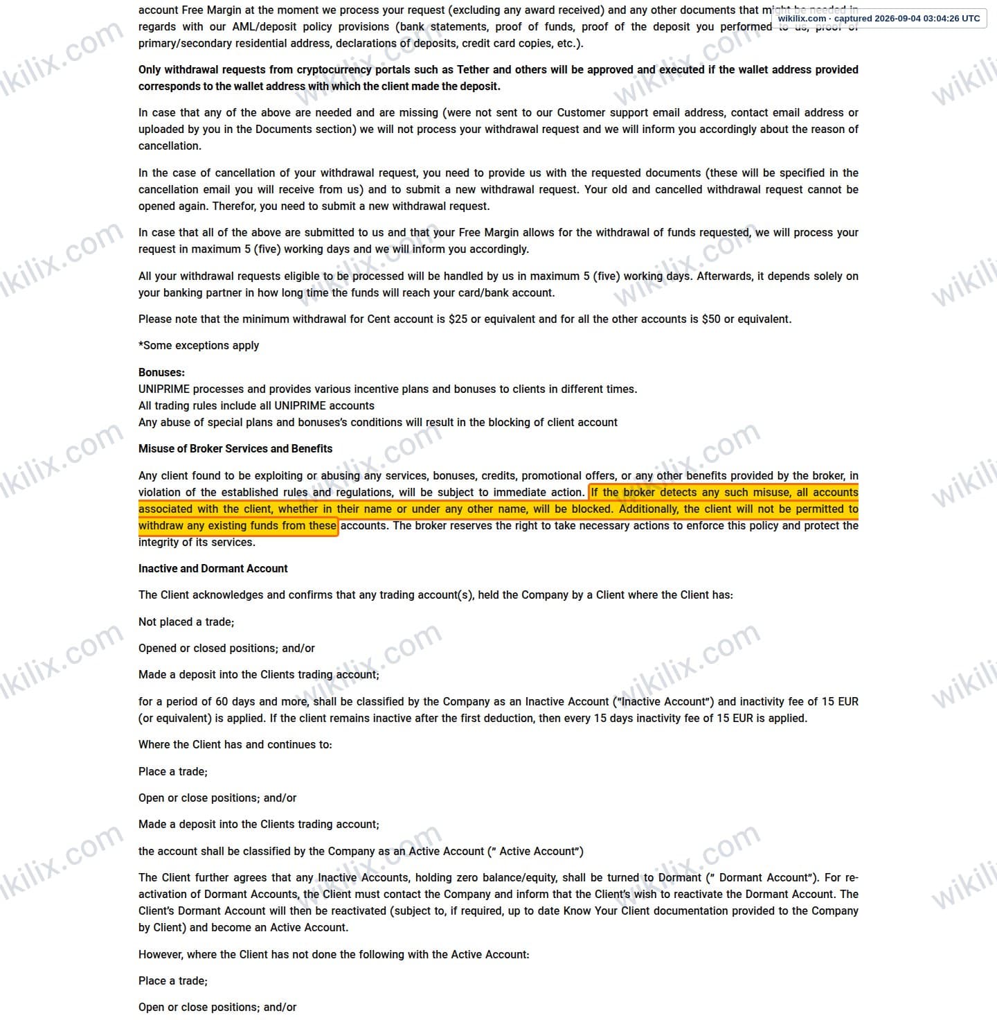 Our full page screenshot of the page this clause sits on, on UNICORN's site unfxb.com, taken on Sep 4, 2026. The quoted words are marked in the image.