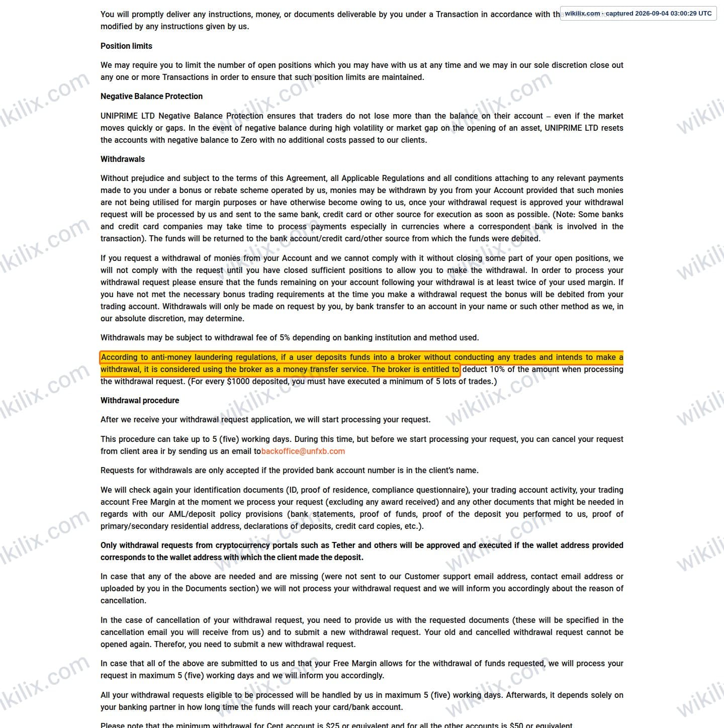 Our full page screenshot of the page this clause sits on, on UNICORN's site unfxb.com, taken on Sep 4, 2026. The quoted words are marked in the image.