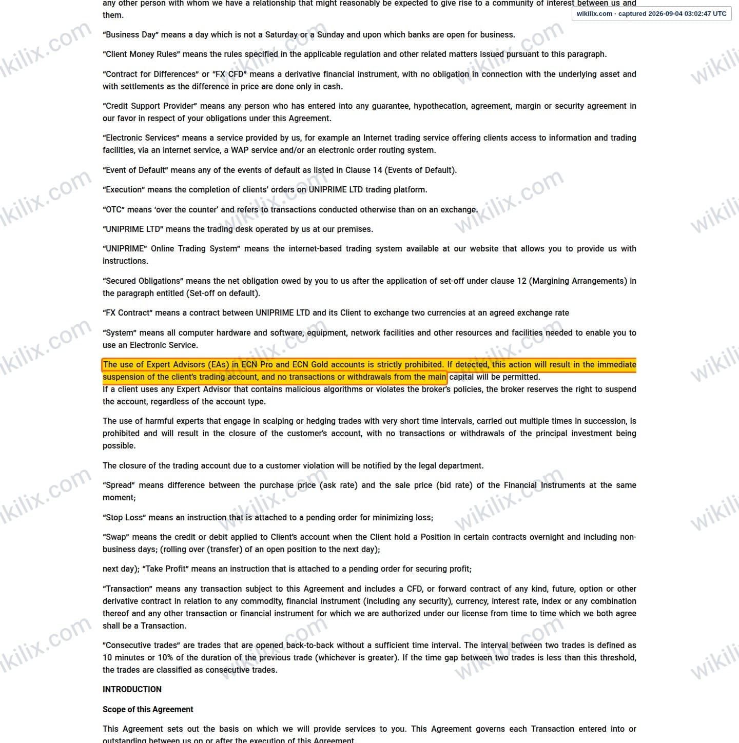 Our full page screenshot of the page this clause sits on, on UNICORN's site unfxb.com, taken on Sep 4, 2026. The quoted words are marked in the image.