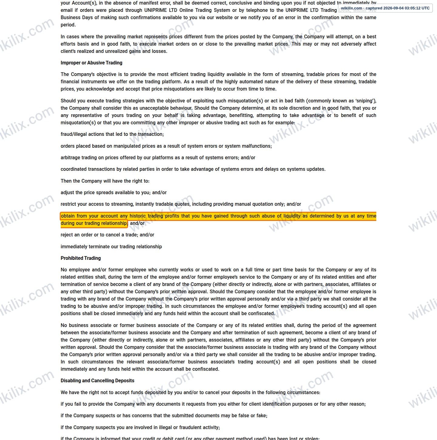 Our full page screenshot of the page this clause sits on, on UNICORN's site unfxb.com, taken on Sep 4, 2026. The quoted words are marked in the image.